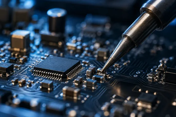 Ilustratīvs elektronikas plates un lodāmura tuvplāns